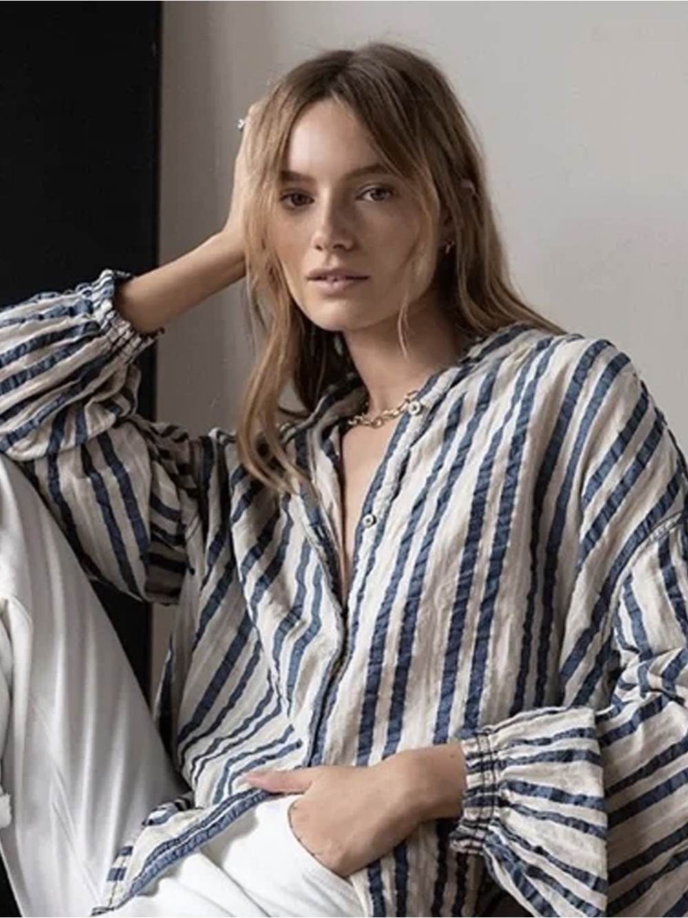 Free People We The Free Blue Beige Striped Cotton Collar Button-Up Blouse Top M